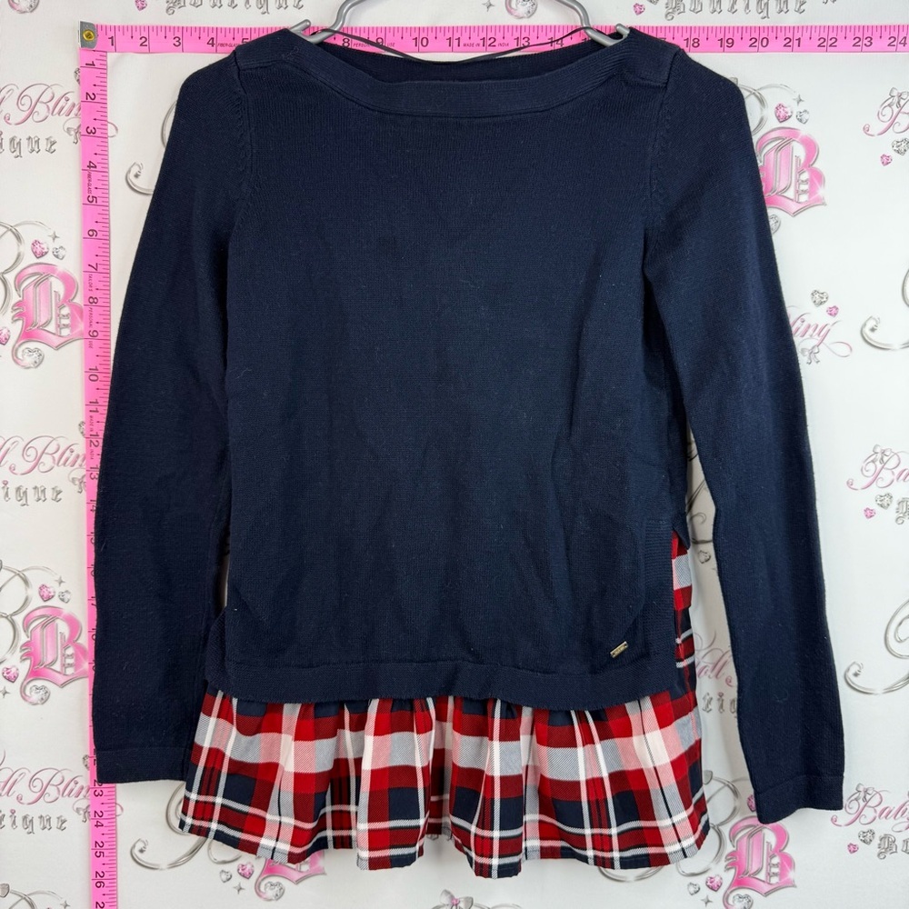 Tommy Hilfiger peplum detail Navy Knit Long Sleeve Top with Red Plaid Ruffle Hem